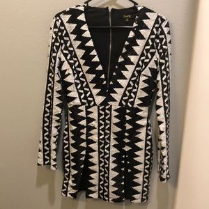 Geo Print Deep V-Neck Slit Bodycon Dress